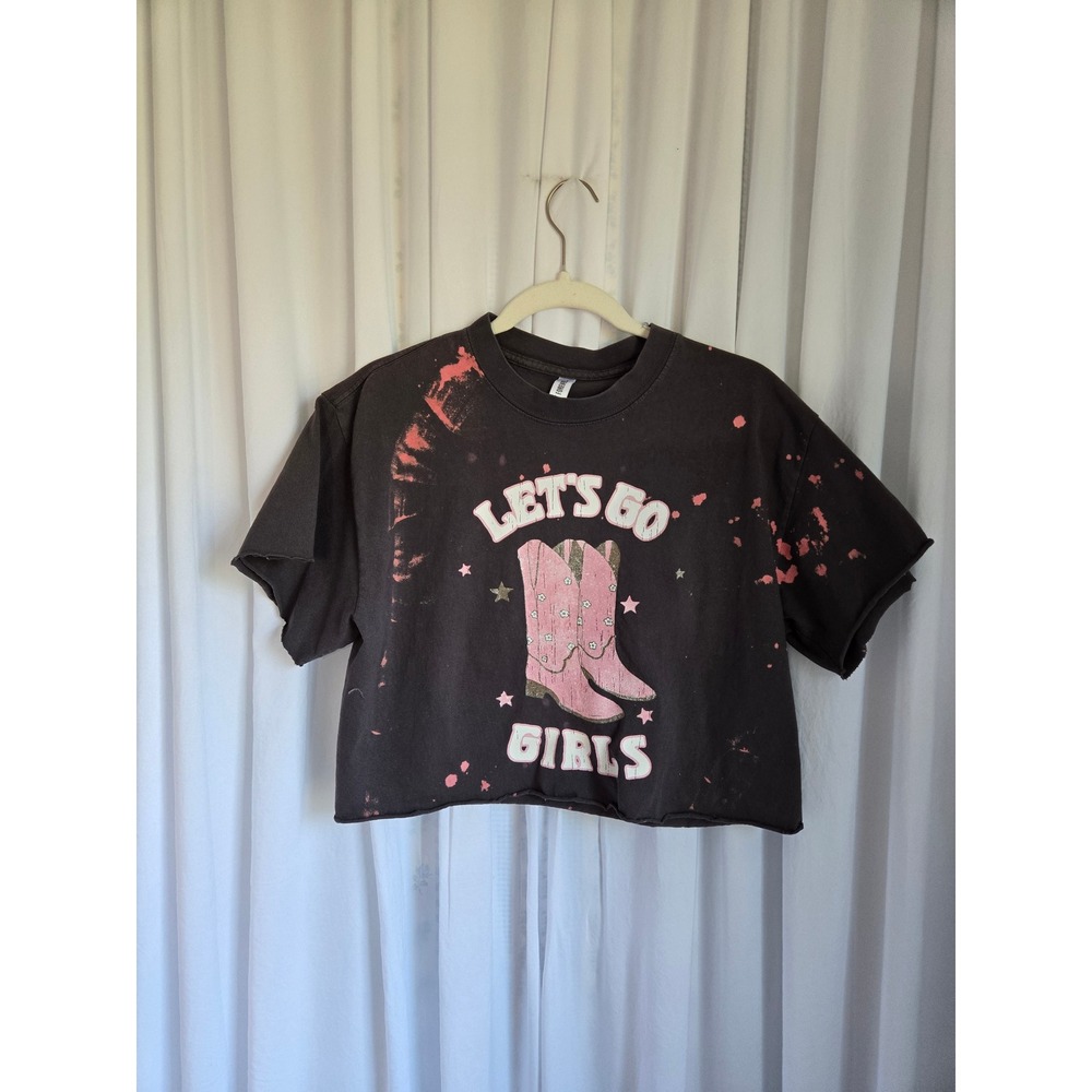 Pebby Forevee Lets Go Girls Cowgirl Boot Paint Splatter Crop T-Shirt Gray M